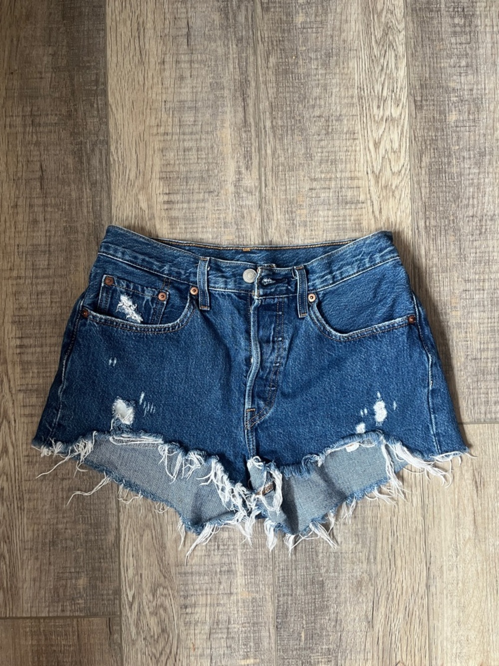 Levi’s 501 Distressed High-Rise Denim Shorts in Dark Blue